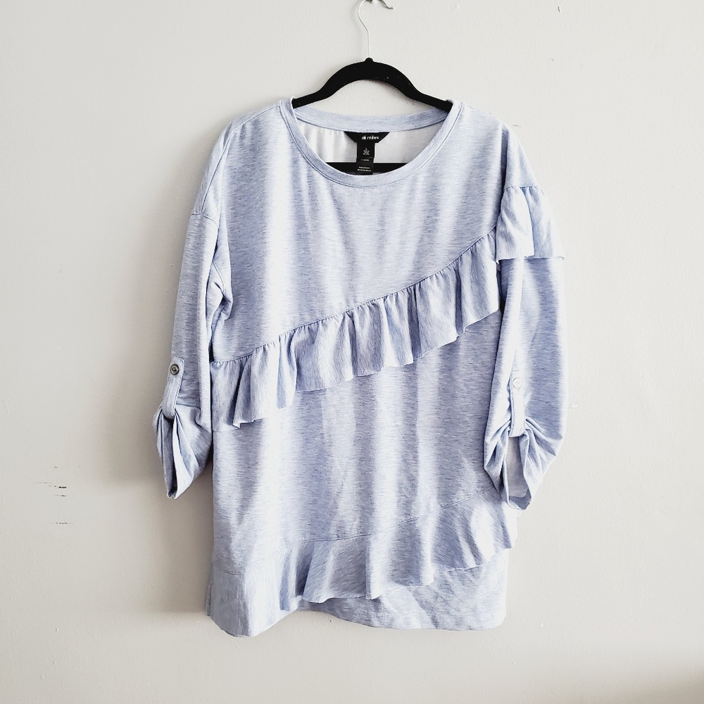 Ali Miles Ruffled Roll-Tab Sleeve Tunic Sweatshirt Stretch Women's Size Large